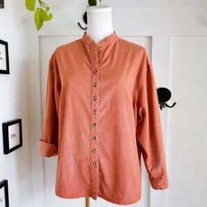 Oversized Coral Corduroy Band Collar Shirt | Soft Cotton | Relaxed Minimalist